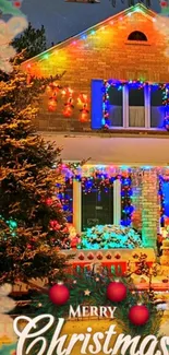 Festive house with Christmas lights and snow, creating a cheerful holiday atmosphere.