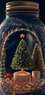 Christmas decorations in a jar with festive lights and trees.