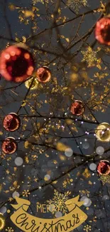 Festive Christmas lights and ornaments on a winter tree.