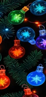 Colorful Christmas lights with pine leaves on a dark background.