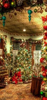 Christmas-themed living room with festive decorations and glowing lights.