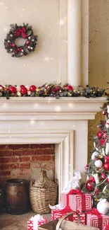 Christmas decor with tree, wreath, and gifts in a cozy living room.