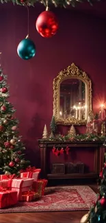 Christmas living room with tree and gifts.