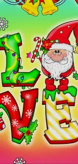 Festive Santa and 'Love' text cartoon wallpaper