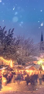 Enchanting Christmas market with lights and snow.