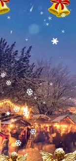 Festive Christmas market evening under a snowy sky with holiday lights and decor.