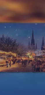 Festive Christmas market with lights and snow in a mobile wallpaper.