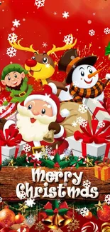 Festive Christmas wallpaper with Santa and friends.