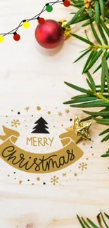 Christmas wallpaper with festive decorations and evergreen branches.