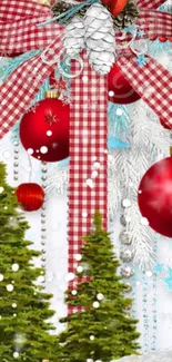 Festive Christmas wallpaper with red ornaments and a checked ribbon.