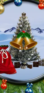 Festive Christmas wallpaper with tree, bells, and snowy mountains.