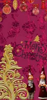 Festive Christmas wallpaper with ornaments and gold decor.