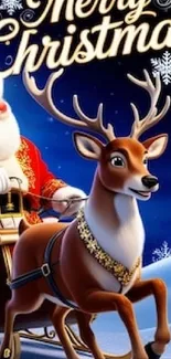 Santa and reindeer in festive scene.