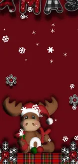 Christmas wallpaper with reindeer and plaid design on red background.