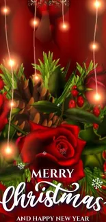 Festive Christmas wallpaper with red roses and glowing lights.