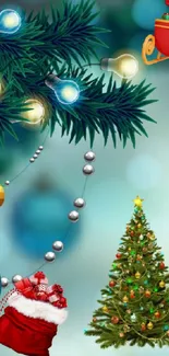 Christmas mobile wallpaper with tree, ornaments, and Santa.