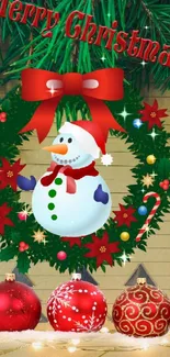 Christmas wallpaper with snowman, wreath, and ornaments.