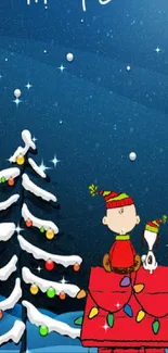 Charming Christmas wallpaper with cartoon character and festive lights under starlit sky.