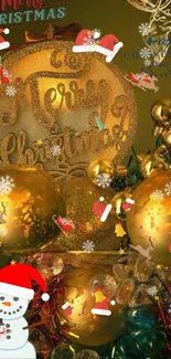 Christmas wallpaper with gold ornaments and festive holiday decorations.