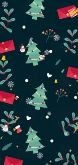 Festive Christmas wallpaper with trees and red envelopes on a dark background.