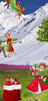 Christmas scene with snow mountains, holiday decor, and cheerful characters.