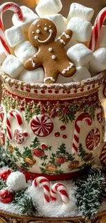 Festive mug overflowing with marshmallows and gingerbread.