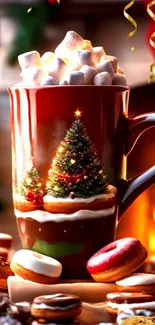 Festive hot chocolate mug with marshmallows and Christmas tree design.