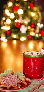 Festive red mug with cookies by a lit Christmas tree.