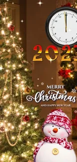 Festive Christmas scene with tree, clock for 2023 countdown, and snowman.