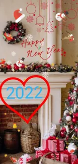 Christmas tree and fireplace with 2022 Happy New Year text.