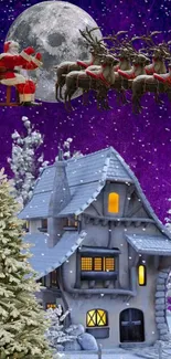 Santa flying over a snowy house with a purple starry sky.