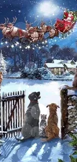 Santa flying over snowy village with animals watching below.