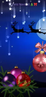 Christmas wallpaper with Santa's sleigh and glowing moon.