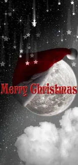 Festive Christmas wallpaper with moon, stars, and Santa hat.