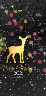 Christmas tree and deer in festive night wallpaper.