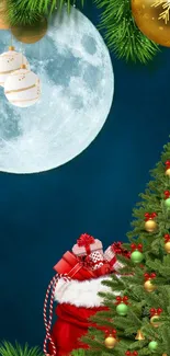 Christmas tree and moonlit night wallpaper with festive decorations.