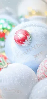 Festive Christmas ornaments with snowy effect.