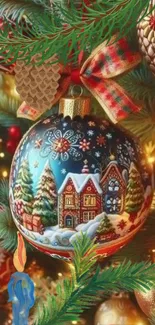 Colorful Christmas ornament hanging on a decorated tree.