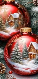 Red Christmas ornaments with winter village scene painted on them, surrounded by pine cones and branches.
