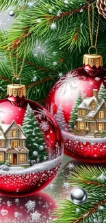 Festive Christmas ornaments with snowy scenes and pine branches.