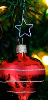 Red shimmering ornament on Christmas tree.