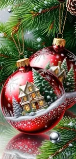 Festive red Christmas ornaments with winter design on tree branch.