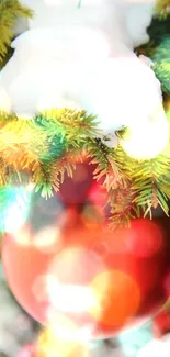 Red Christmas ornament in snowy evergreen branches with colorful lights.