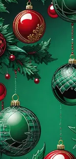 Festive ornaments with green leaves wallpaper.