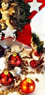 Colorful festive Christmas decorations with angel ornament and star accents.