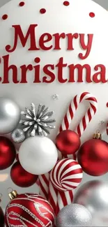 Elegant Christmas ornaments with Merry Christmas text.