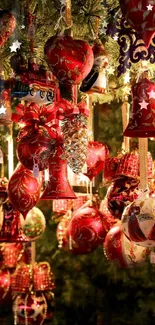 Festive display of Christmas ornaments with red and gold colors.