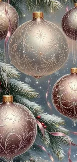 Christmas ornaments on snowy branches wallpaper.