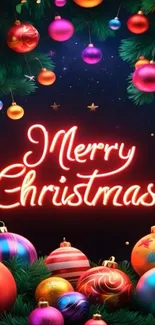 Colorful Christmas ornaments with Merry Christmas text.