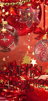 Red Christmas wallpaper with ornaments and golden stars.